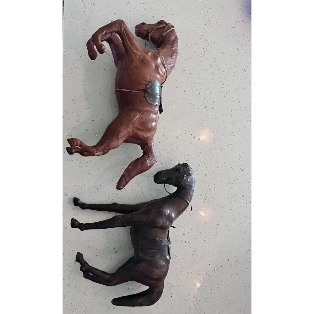 Vintage Leather-Wrapped Horse Figurines Set of 2
